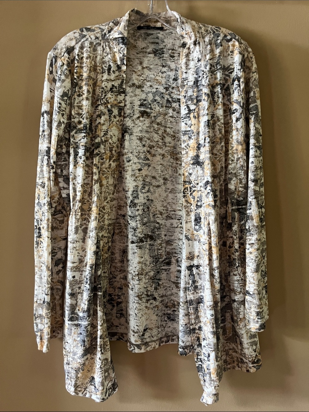 NIC + ZOE Printed Open-Front Lightweight Cardigan in Cream, Black & Gold